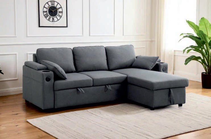 Grey chenille corner sofa bed with built-in storage, USB charging ports and cup holders
