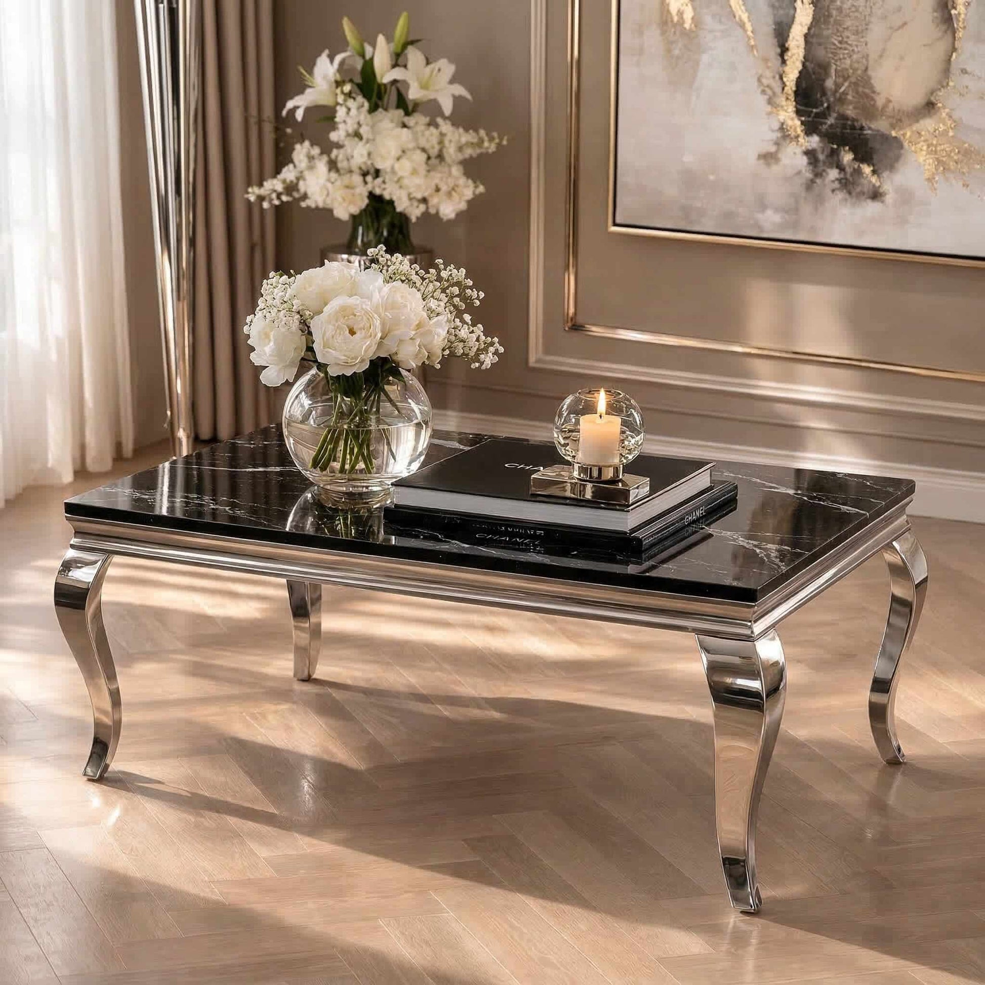 Arriana Marble Effect Coffee Table with Stainless Steel Base | Black Coffee Table Furniture World