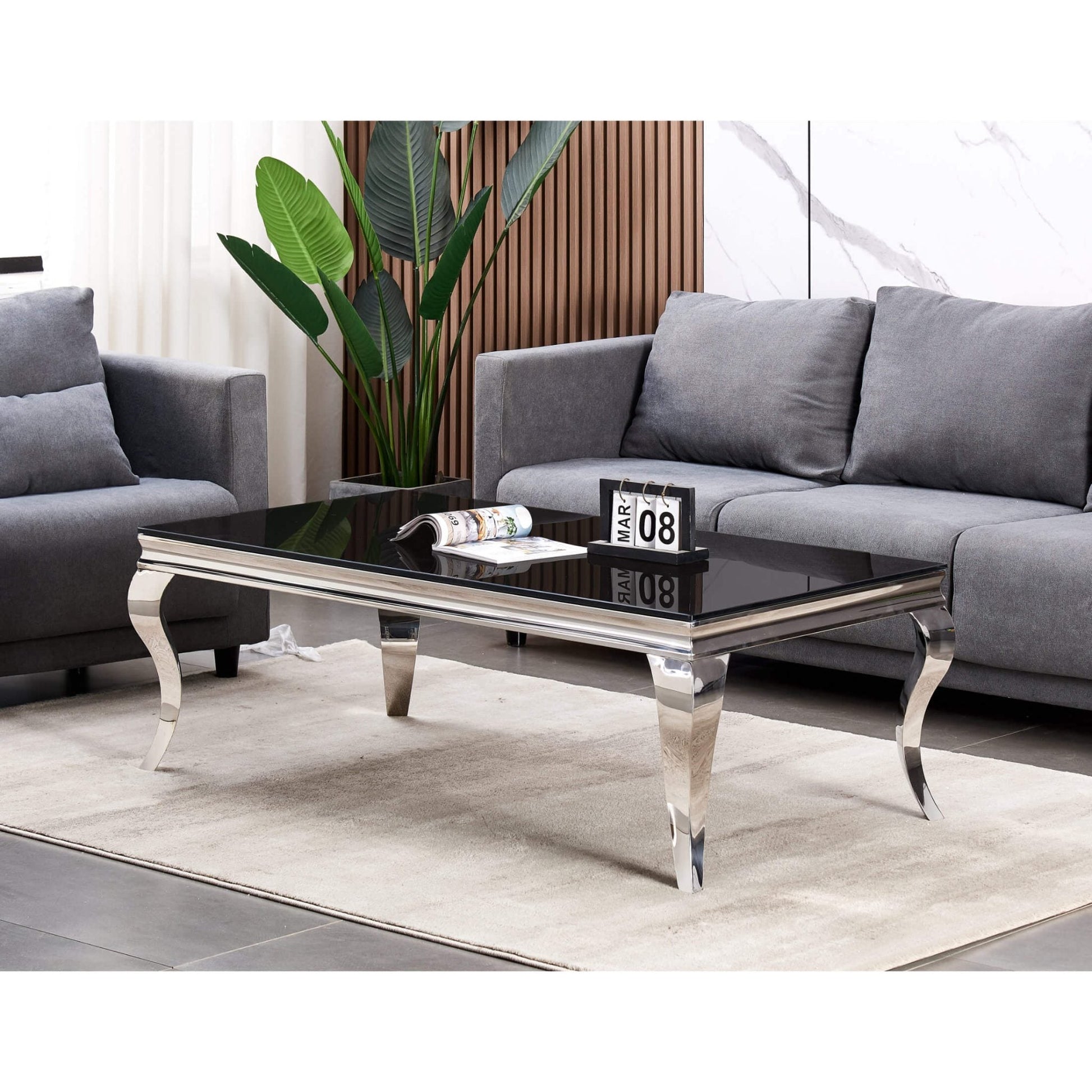 Atlanta Black Glass Coffee Table with Stainless Steel Silver Legs | Modern Table Furniture World