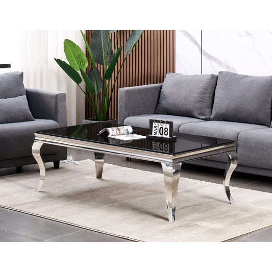 Atlanta Black Glass Coffee Table with Stainless Steel Silver Legs | Modern Table Furniture World