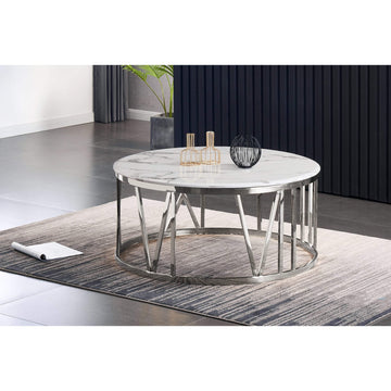 Bonita Round Marble Coffee Table with Silver Stainless Steel Base | 100cm Furniture World