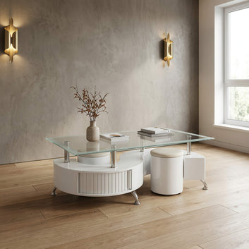 Boule White High Gloss Coffee Table with 2 Stools & White Border Glass Furniture World