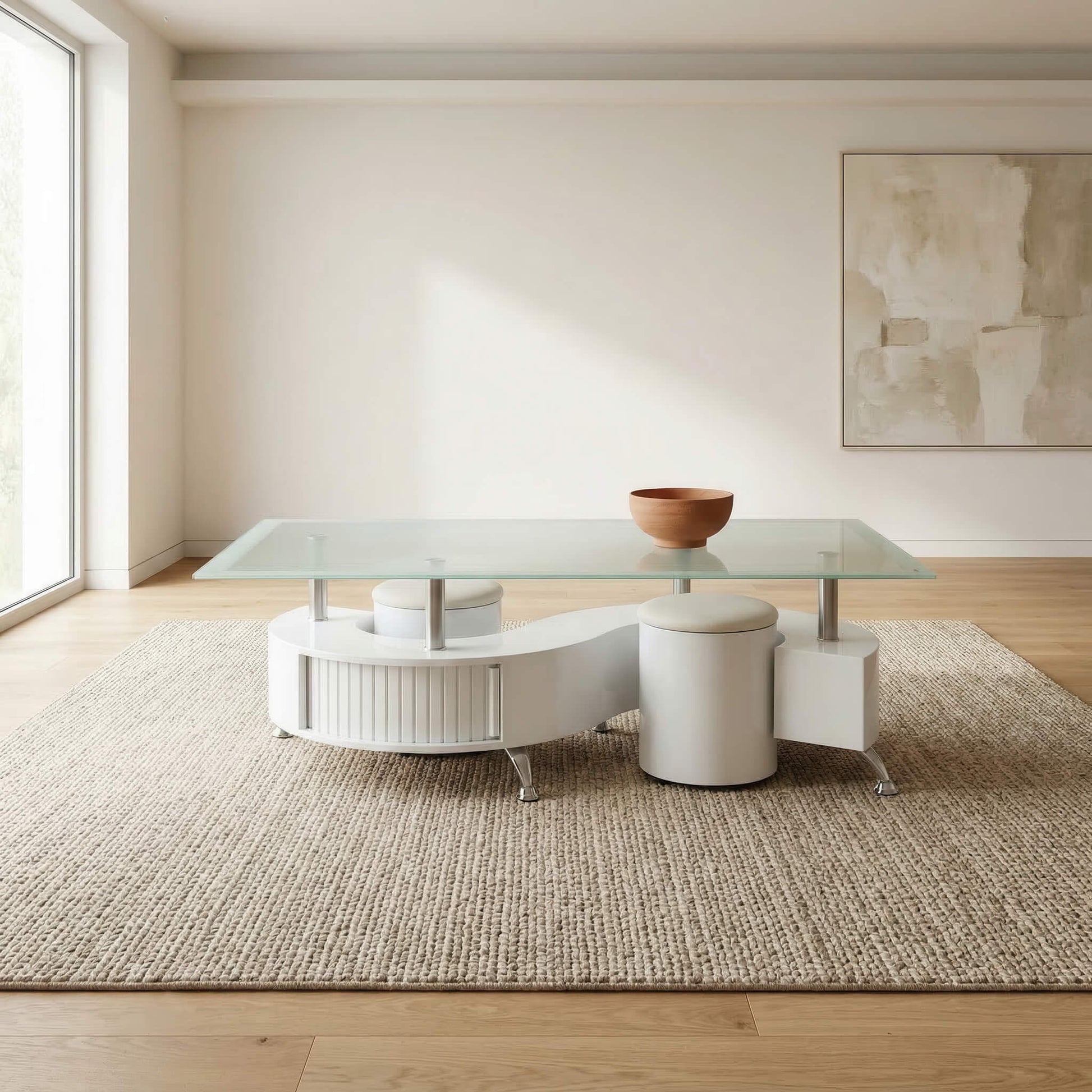 Boule White High Gloss Coffee Table with 2 Stools & White Border Glass Furniture World