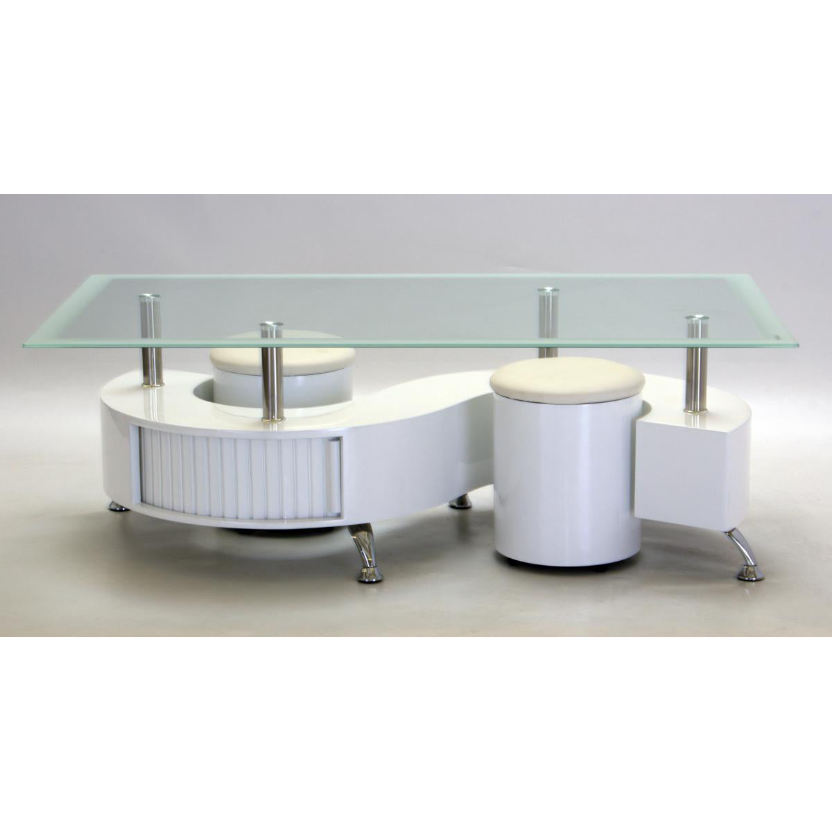 Boule White High Gloss Coffee Table with 2 Stools & White Border Glass Furniture World
