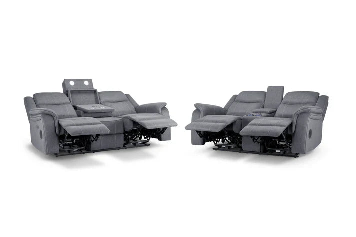 Galaxy Tech Electric Recliner Sofa Grey Fabric 3+2 Set | LED, USB & Bluetooth Furniture World