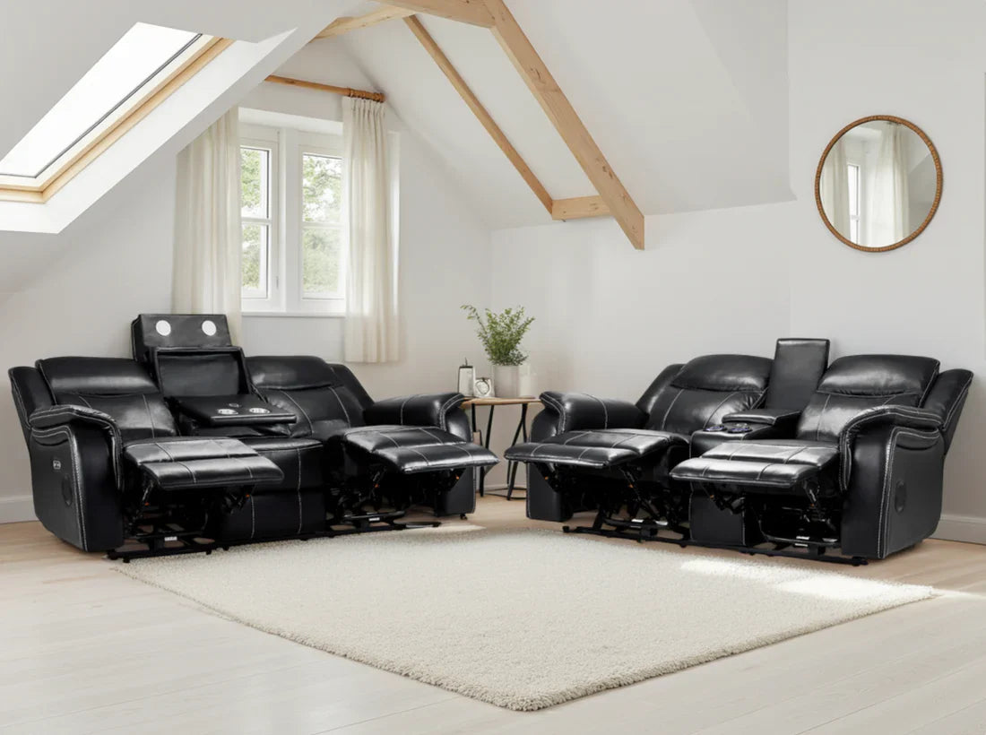 Galaxy Tech Electric Recliner Sofa Black 3+2 Set Furniture World