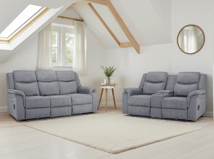 Galaxy Tech Electric Recliner Sofa Grey Fabric 3+2 Set | LED, USB & Bluetooth Furniture World