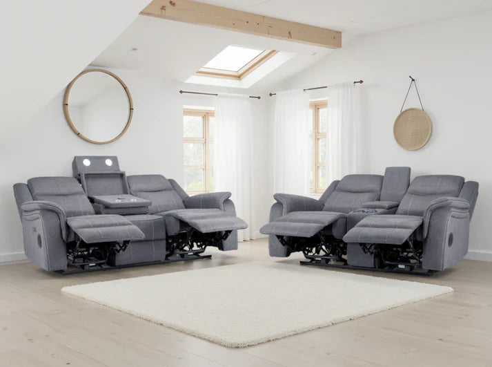 Galaxy Tech Electric Recliner Sofa Grey Fabric 3+2 Set | LED, USB & Bluetooth Furniture World