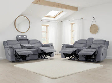 Galaxy Tech Electric Recliner Sofa Grey Fabric 3+2 Set | LED, USB & Bluetooth Furniture World