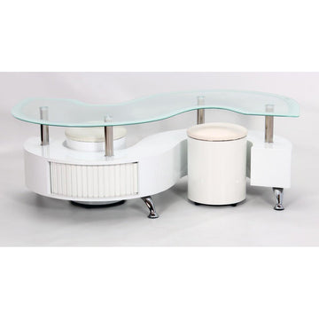 Krista White High Gloss Coffee Table with 2 Stools & White Border Glass Top Furniture World