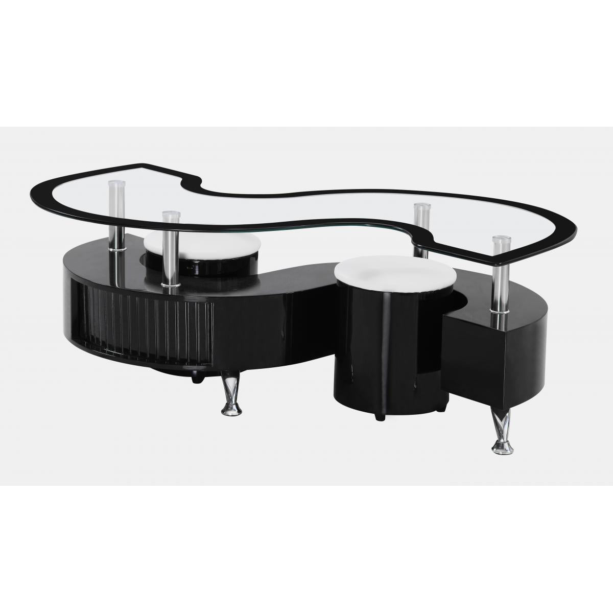 Krista Black High Gloss Coffee Table with 2 Stools & Black Border Glass Top Furniture World