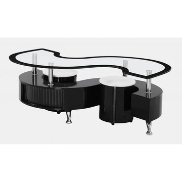 Krista Black High Gloss Coffee Table with 2 Stools & Black Border Glass Top Furniture World