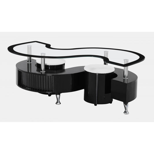 Krista Black High Gloss Coffee Table with 2 Stools & Black Border Glass Top Furniture World