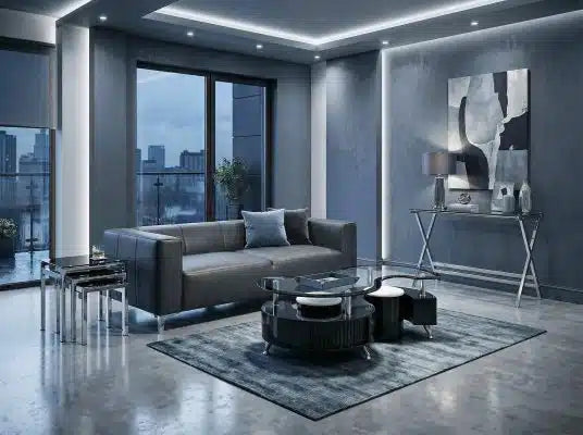 Krista Black High Gloss Coffee Table with 2 Stools & Black Border Glass Top Furniture World