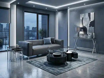 Krista Black High Gloss Coffee Table with 2 Stools & Black Border Glass Top Furniture World