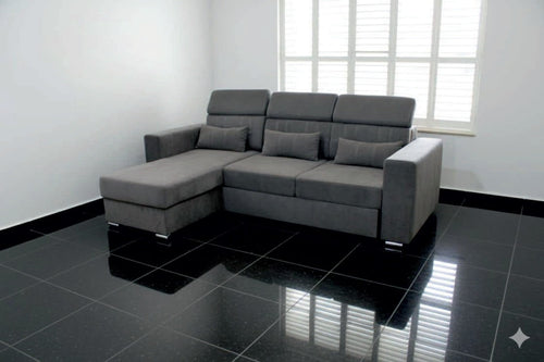 Grey fabric corner sofa bed with storage