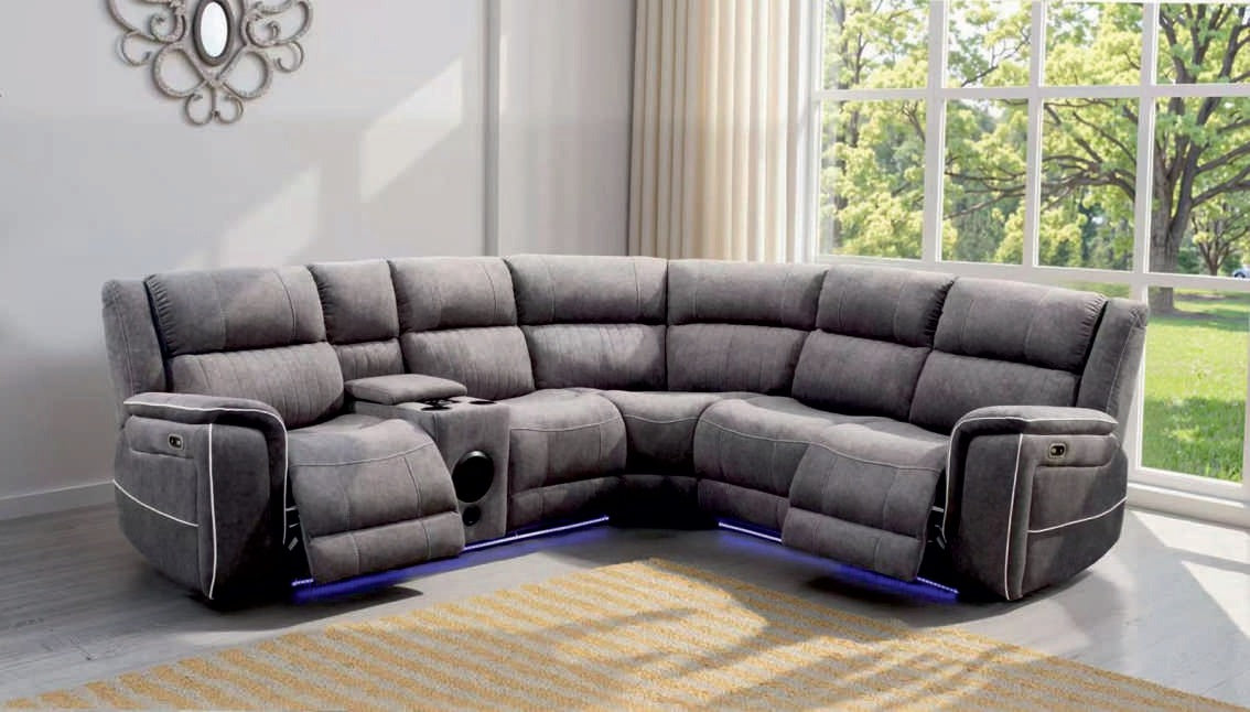 Grey microfibre electric corner recliner sofa with USB, wireless charging and LED lights