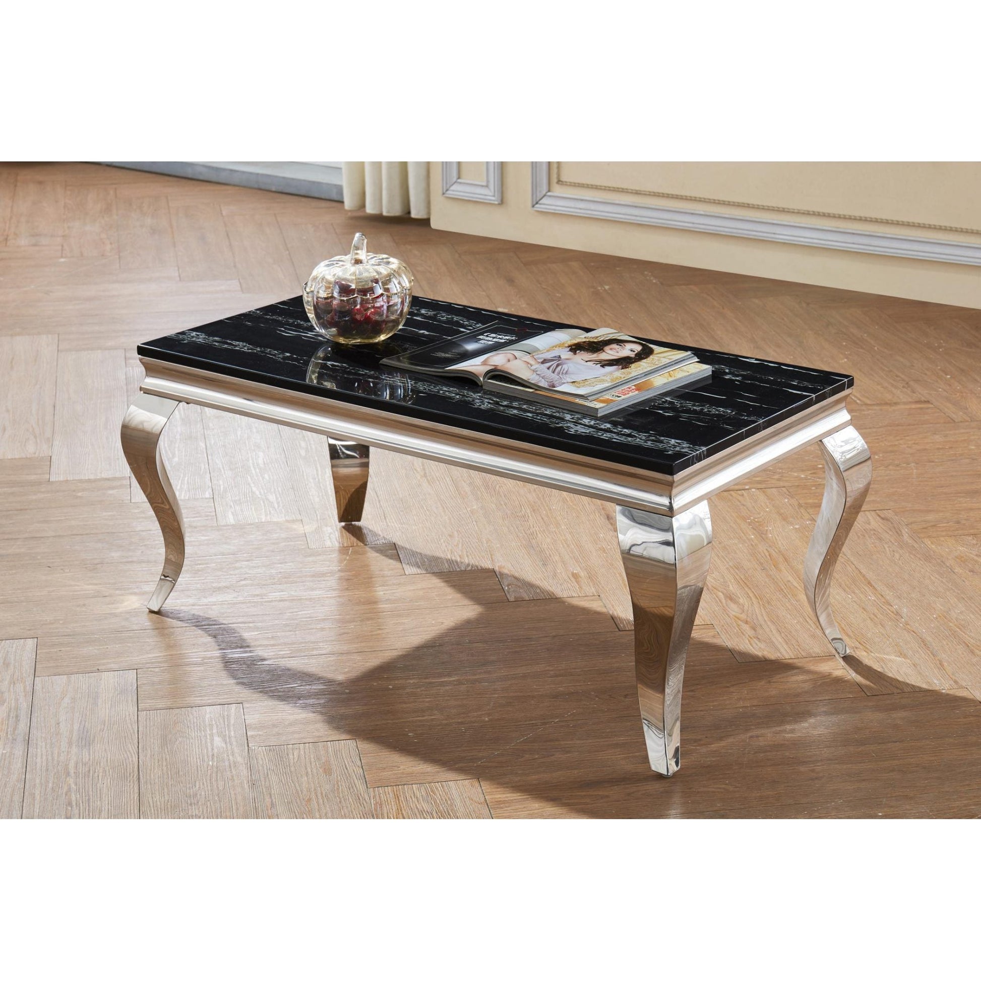 Arriana Marble Effect Coffee Table with Stainless Steel Base | Black Coffee Table Furniture World