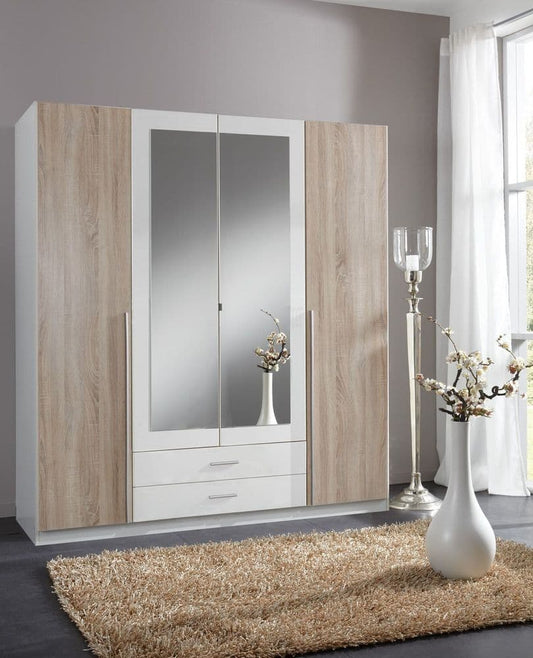 Artic White and Oak Effect 4 Door / 2 Drawer Wardrobe - 2651 Furniture World