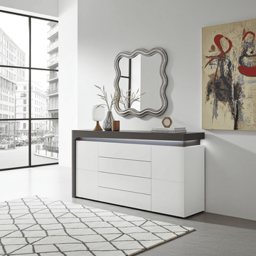 Athens Grey And White Gloss 2 Door / 4 Drawer Sideboard With Lights - 3170 Furniture World