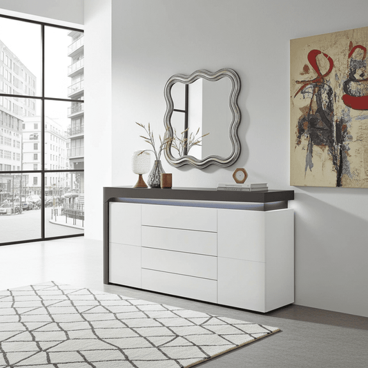 Athens Grey And White Gloss 2 Door / 4 Drawer Sideboard With Lights - 3170 Furniture World