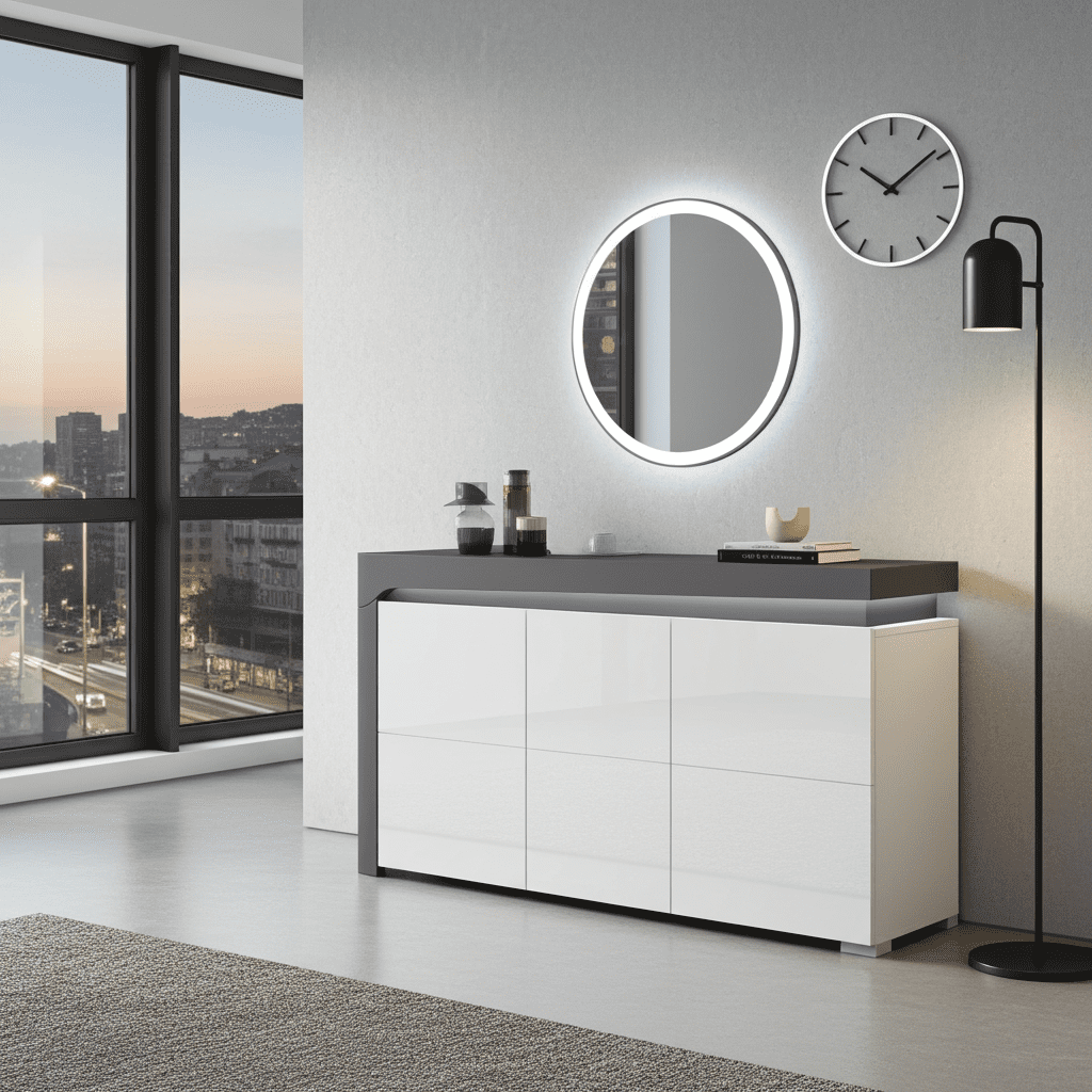 Athens Grey and White Gloss 3 Door Sideboard With Lights - 3168 Furniture World