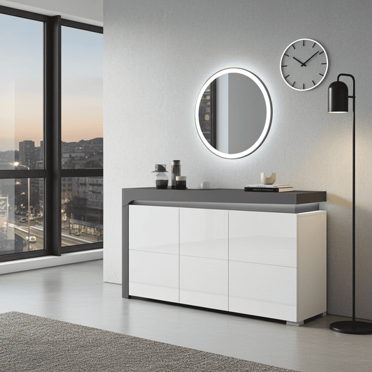 Athens Grey and White Gloss 3 Door Sideboard With Lights - 3168 Furniture World