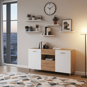 Bretanova Slatted Artisan Oak Effect And White Gloss Sideboard - 11012052 Furniture World