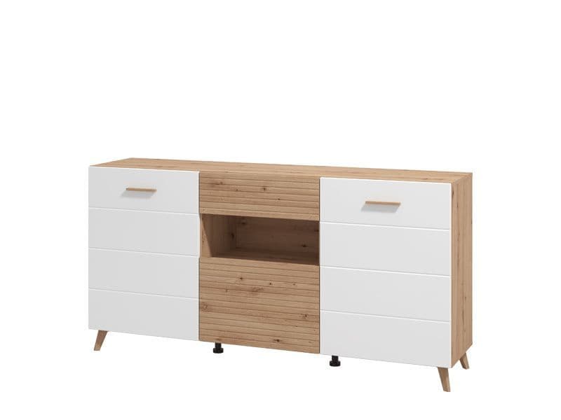 Bretanova Slatted Artisan Oak Effect And White Gloss Sideboard - 11012052 Furniture World