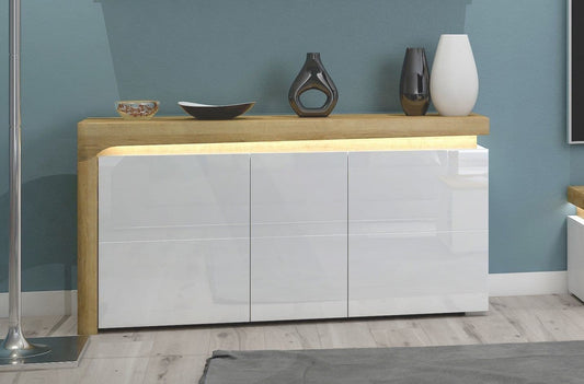 Cadillac Oak Effect and White Gloss 3 Door Sideboard With Lights - 3177 Furniture World