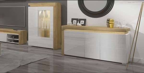 Cadillac Oak Effect and White Gloss 3 Door Sideboard With Lights - 3177 Furniture World