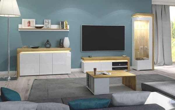 Cadillac Oak Effect and White Gloss 3 Door Sideboard With Lights - 3177 Furniture World