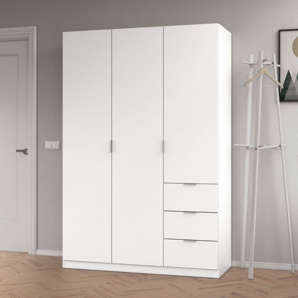 Cairo Artic White Compact 3 Door 3 Drawer Space-Saving 135cm Wardrobe LCX353O - 3204 Furniture World