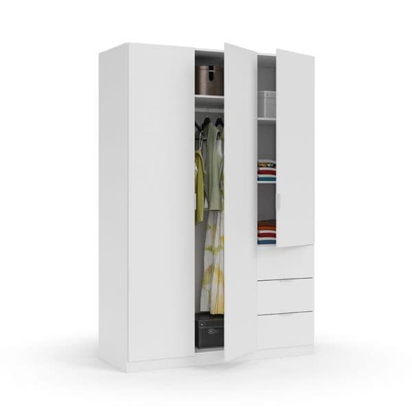 Cairo Artic White Compact 3 Door 3 Drawer Space-Saving 135cm Wardrobe LCX353O - 3204 Furniture World