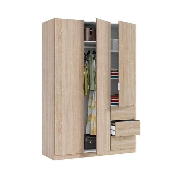 Cairo Oak Effect Compact 3 Door 3 Drawer Space-Saving 135cm Wardrobe LCX353F - 3205 Furniture World