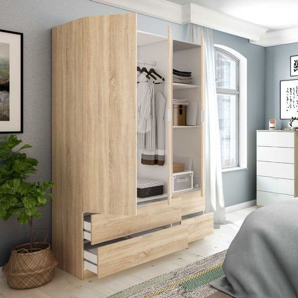 Cairo Oak Effect Compact 3 Door 4 Drawer Space-Saving 135cm Wardrobe LCX453F - 3206 Furniture World
