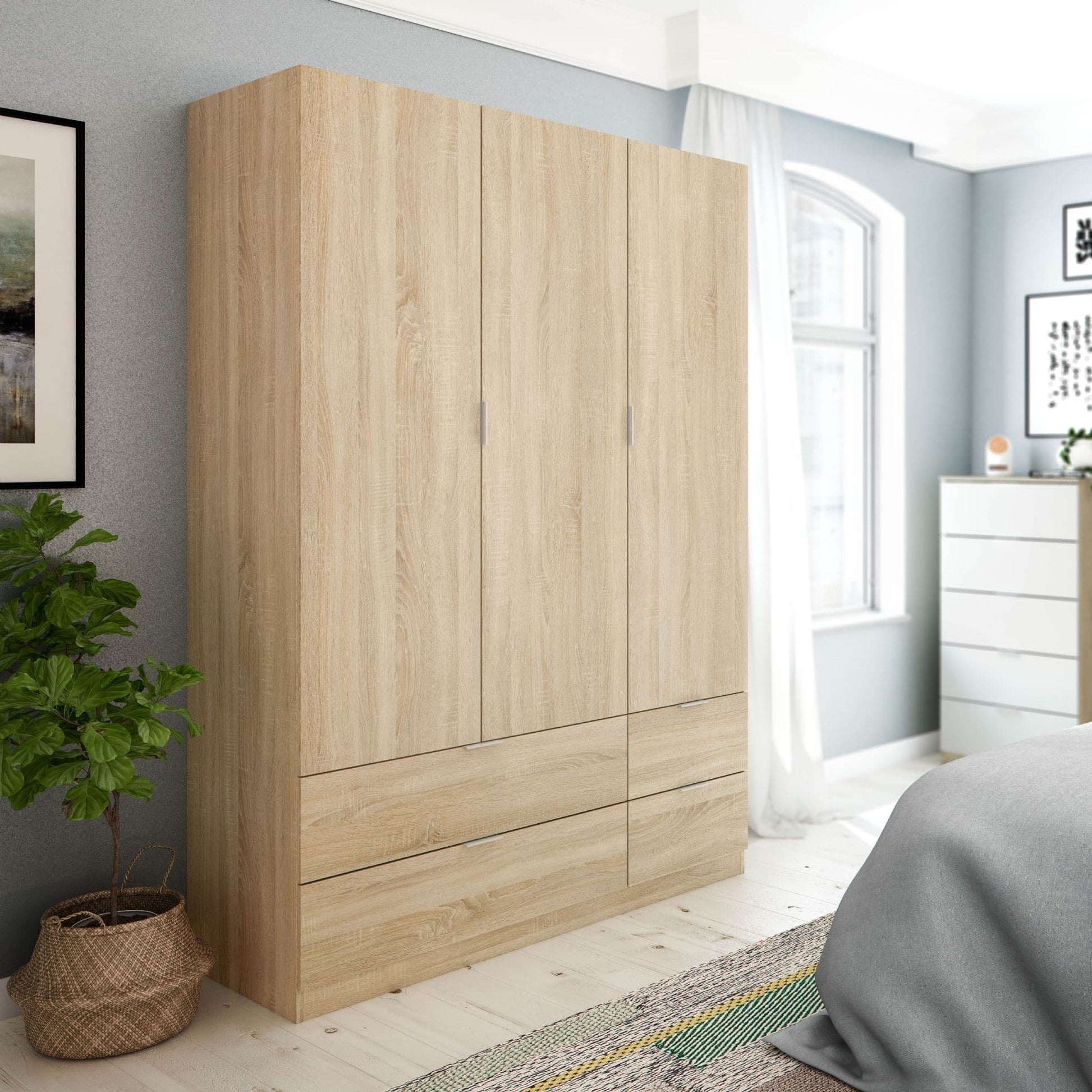Cairo Oak Effect Compact 3 Door 4 Drawer Space-Saving 135cm Wardrobe LCX453F - 3206 Furniture World