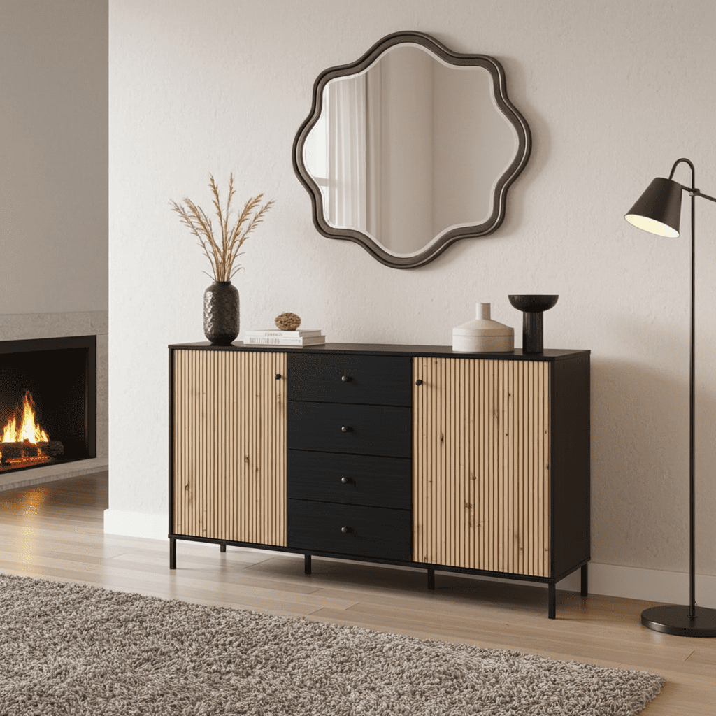 Clifton Slatted Artisan Oak Effect And Black Sideboard - 11013540 Furniture World
