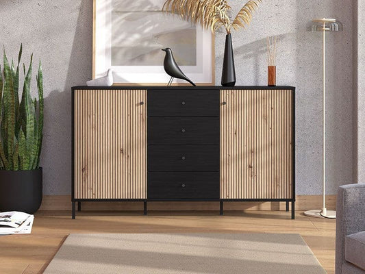 Clifton Slatted Artisan Oak Effect And Black Sideboard - 11013540 Furniture World