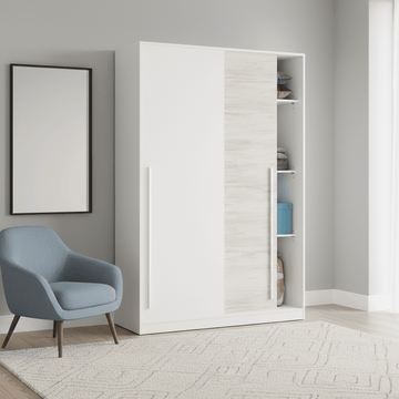 Columbus Artic White and White Oak Effect Small Narrow Sliding 2 Door Wardrobe 120cm Wide - 3209 Furniture World
