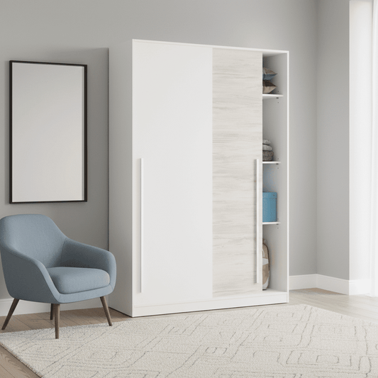 Columbus Artic White and White Oak Effect Small Narrow Sliding 2 Door Wardrobe 120cm Wide - 3209 Furniture World