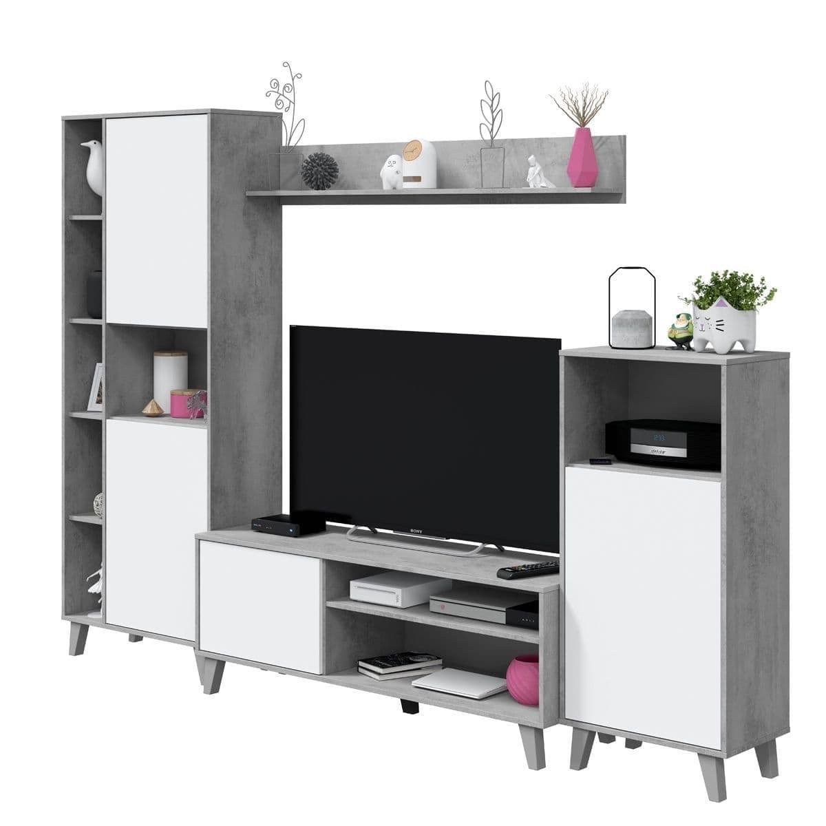 Eriksen White And Concrete Grey Effect Large TV Entertainment Wall Unit Cabinet - 3218 Furniture World