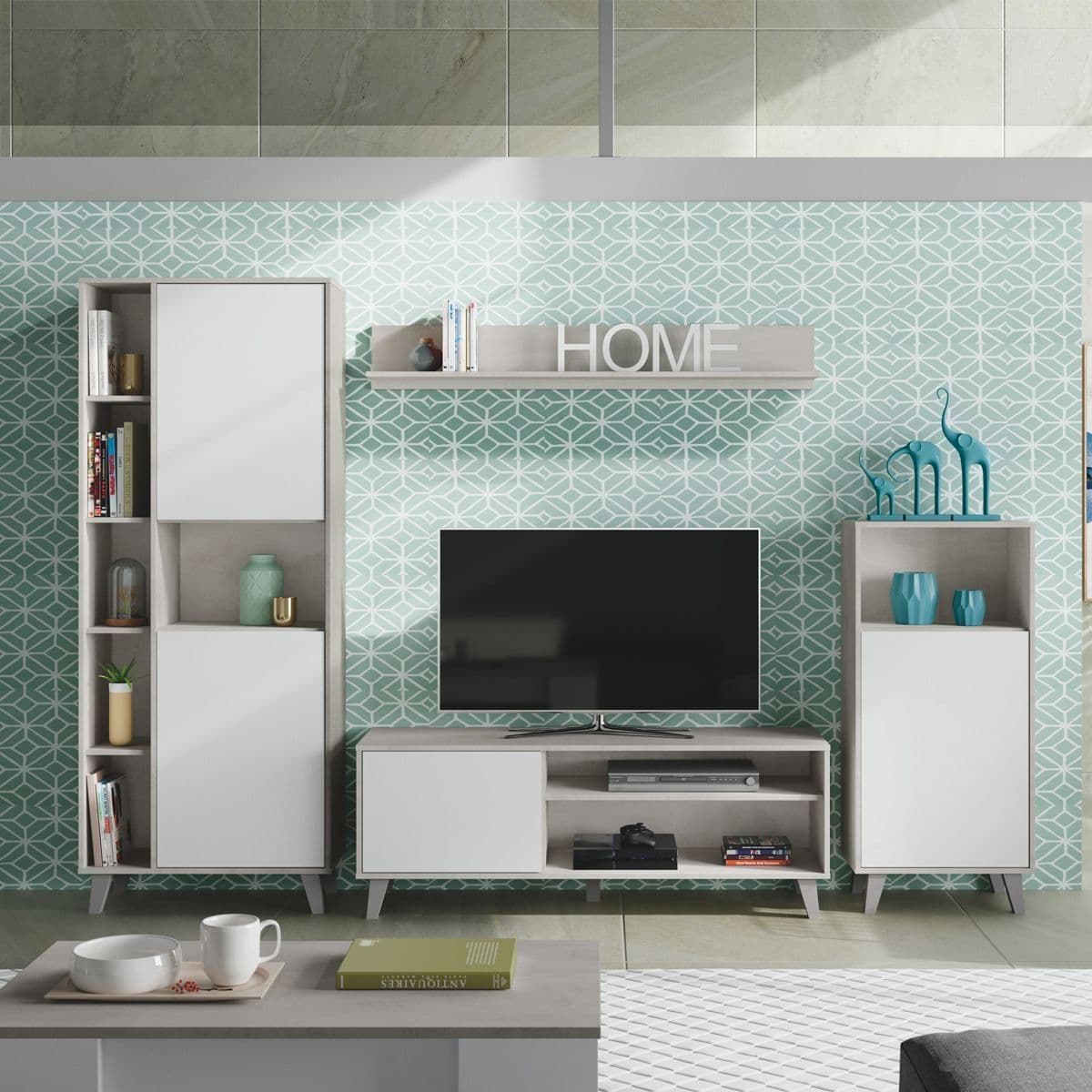 Eriksen White And Concrete Grey Effect Large TV Entertainment Wall Unit Cabinet - 3218 Furniture World