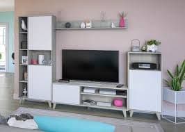 Eriksen White And Concrete Grey Effect Large TV Entertainment Wall Unit Cabinet - 3218 Furniture World