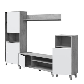 Eriksen White And Concrete Grey Effect Large TV Entertainment Wall Unit Cabinet - 3218 Furniture World