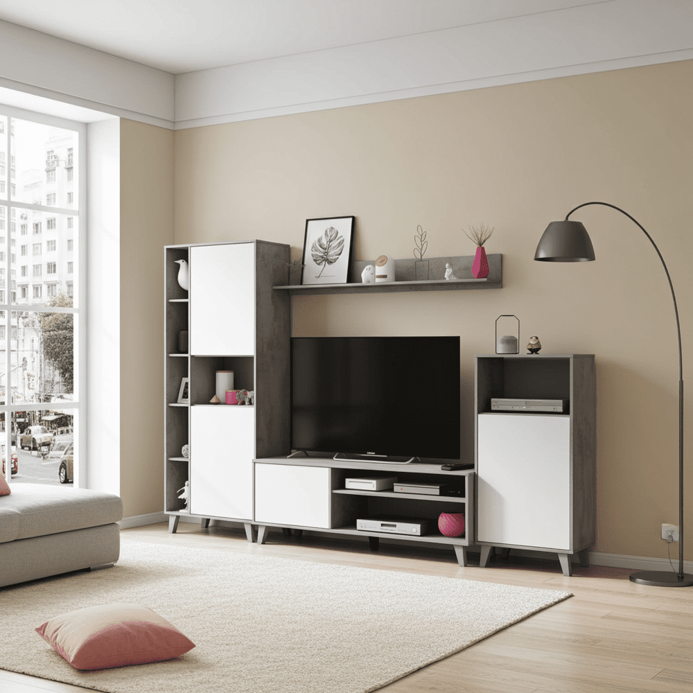 Eriksen White And Concrete Grey Effect Large TV Entertainment Wall Unit Cabinet - 3218 Furniture World