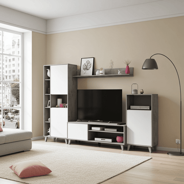 Eriksen White And Concrete Grey Effect Large TV Entertainment Wall Unit Cabinet - 3218 Furniture World