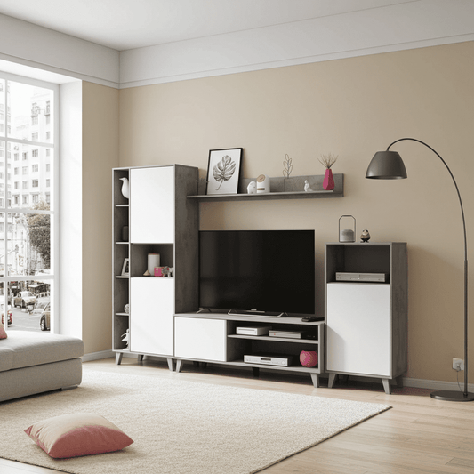 Eriksen White And Concrete Grey Effect Large TV Entertainment Wall Unit Cabinet - 3218 Furniture World