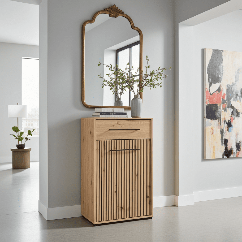 Lazlo Slatted Artisan Oak Effect Low Narrow Hallway Sideboard - 11013433 Furniture World