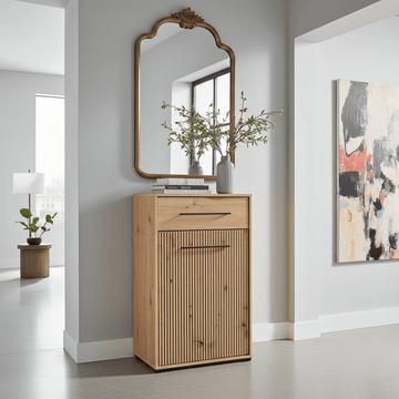 Lazlo Slatted Artisan Oak Effect Low Narrow Hallway Sideboard - 11013433 Furniture World